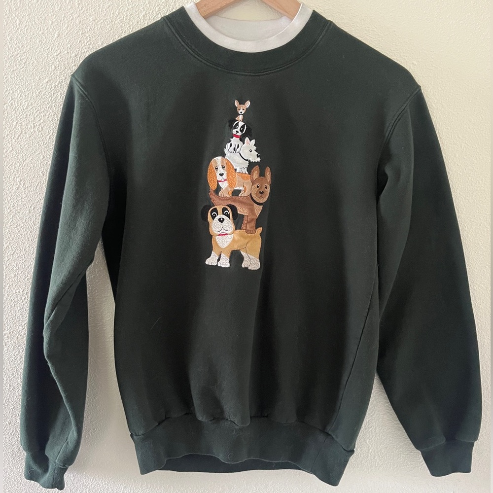 Decorated Originals Vintage Grandmacore Embroidered Dark Green Dog Sweater